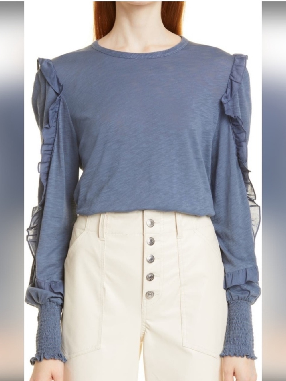 Veronica Beard Osage Ruffle Long Sleeve Top in Slate Blue Sz S